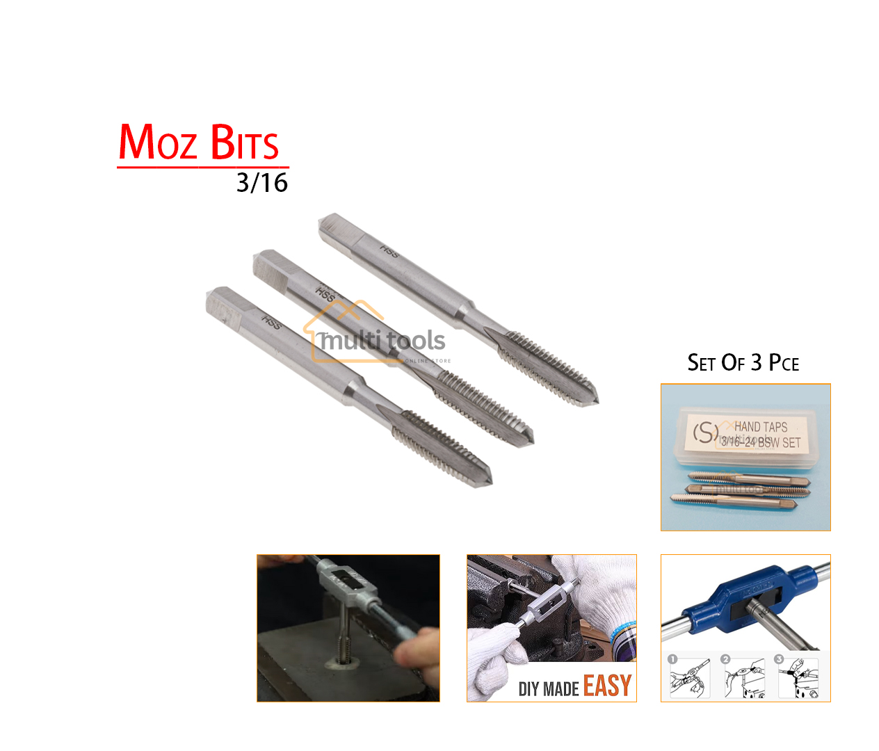 3-Pcs 3/16 Thread Tap Drill Bits Bsw Set (Moz Bet)